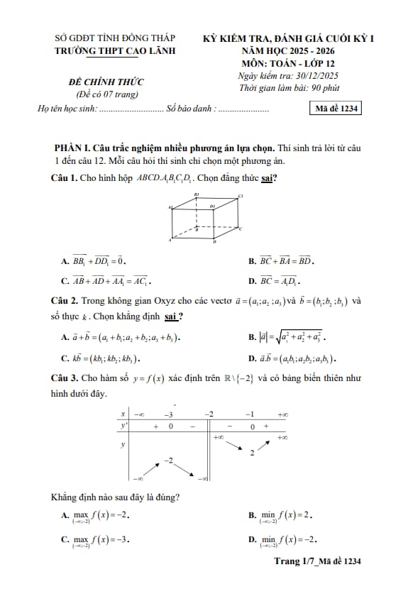 đề cuối kỳ 1 toán 12 năm 2025 – 2026 trường thpt cao lãnh – đồng tháp