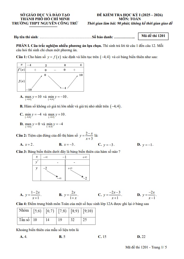 đề cuối kỳ 1 toán 12 năm 2025 – 2026 trường thpt nguyễn công trứ – tp hcm