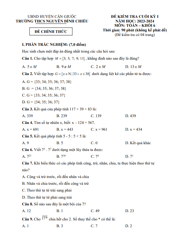 đề cuối kỳ 1 toán 6 năm 2023 – 2024 trường thcs nguyễn đình chiểu – long an