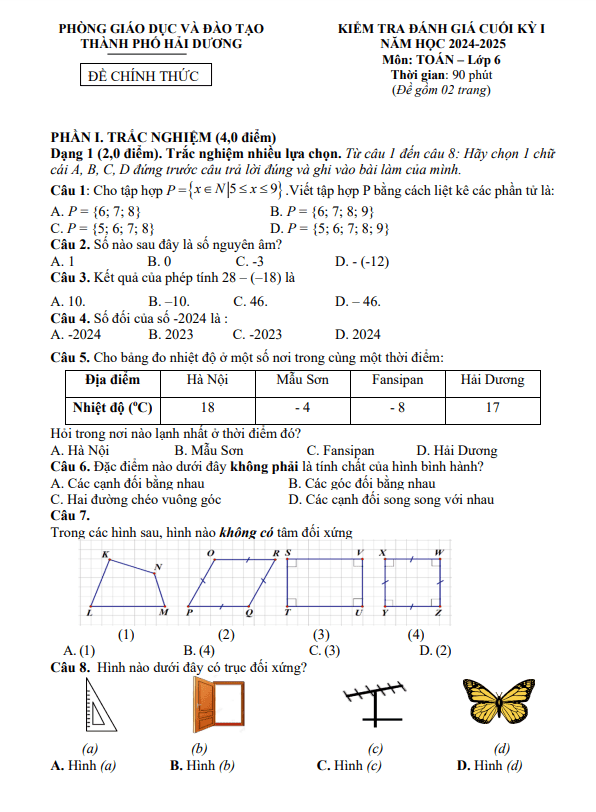 đề cuối kỳ 1 toán 6 năm 2024 – 2025 phòng gd&đt tp hải dương