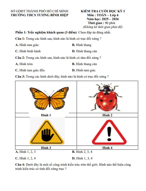 đề cuối kỳ 1 toán 6 năm 2025 – 2026 trường thcs tương bình hiệp – tp hcm