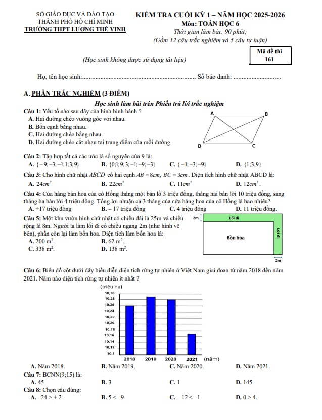 đề cuối kỳ 1 toán 6 năm 2025 – 2026 trường thpt lương thế vinh – tp hcm