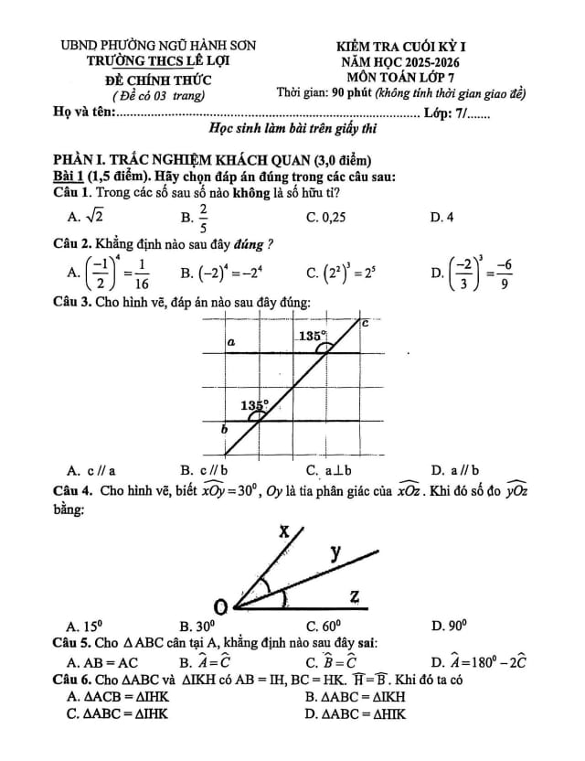 đề cuối kỳ 1 toán 7 năm 2025 – 2026 trường thcs lê lợi – đà nẵng