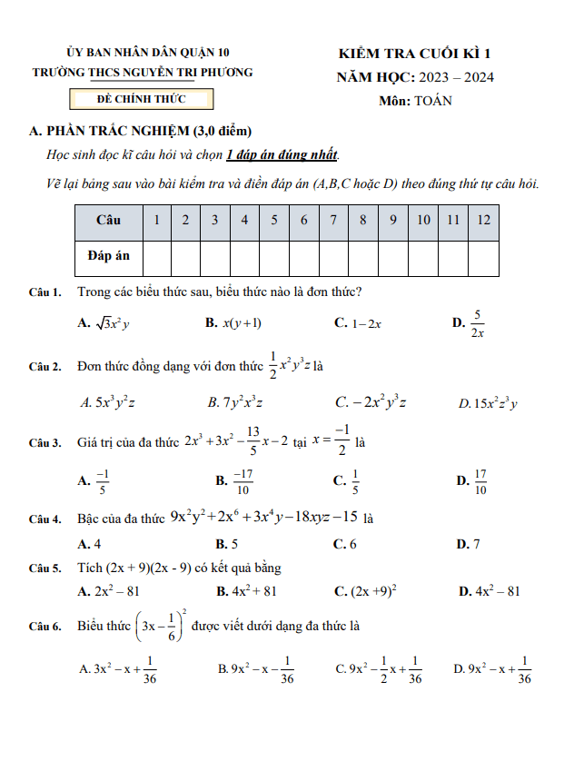 đề cuối kỳ 1 toán 8 năm 2023 – 2024 trường thcs nguyễn tri phương – tp hcm