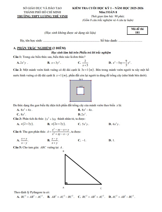 đề cuối kỳ 1 toán 8 năm 2025 – 2026 trường thpt lương thế vinh – tp hcm