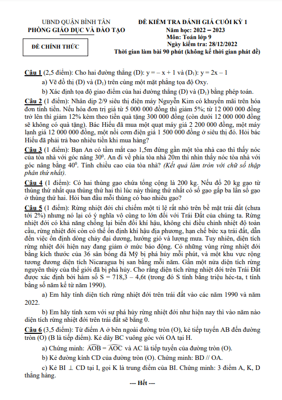 đề cuối kỳ 1 toán 9 năm 2022 – 2023 phòng gd&đt bình tân – tp hcm