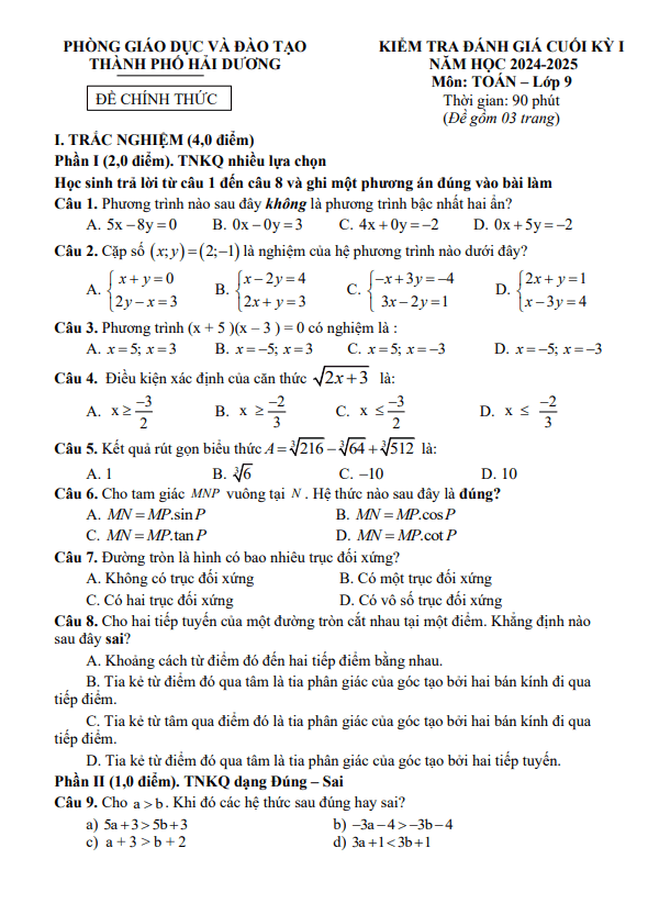 đề cuối kỳ 1 toán 9 năm 2024 – 2025 phòng gd&đt tp hải dương