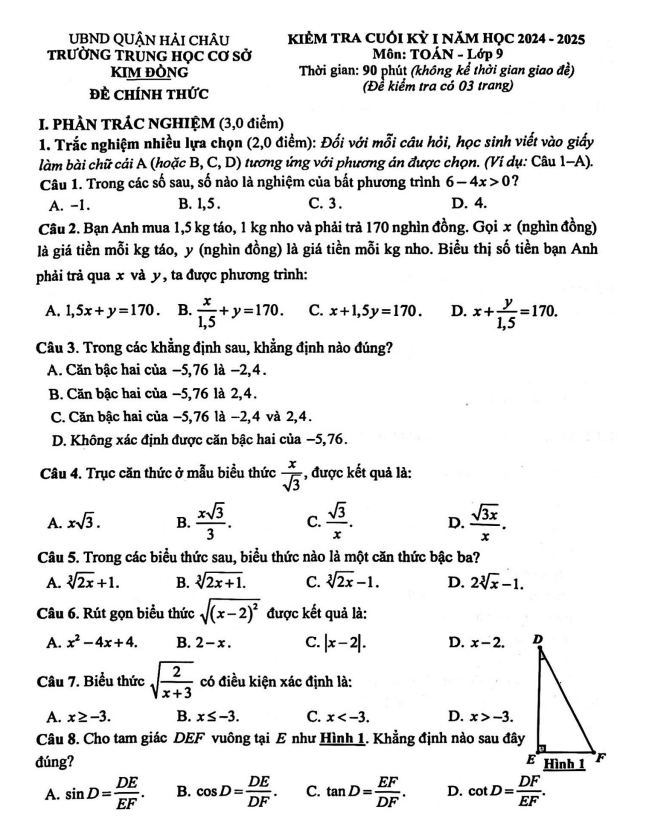 đề cuối kỳ 1 toán 9 năm 2024 – 2025 trường thcs kim đồng – đà nẵng