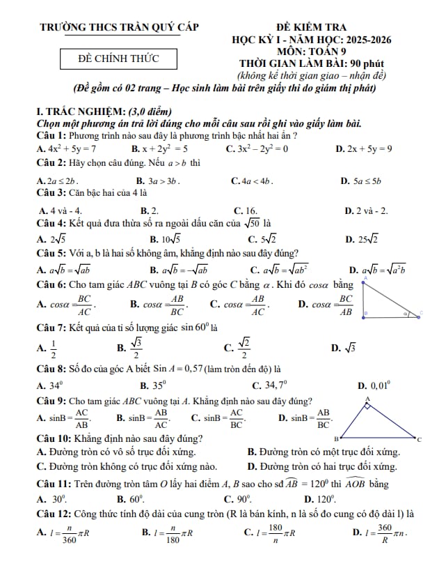 đề cuối kỳ 1 toán 9 năm 2025 – 2026 trường thcs trần quý cáp – đà nẵng