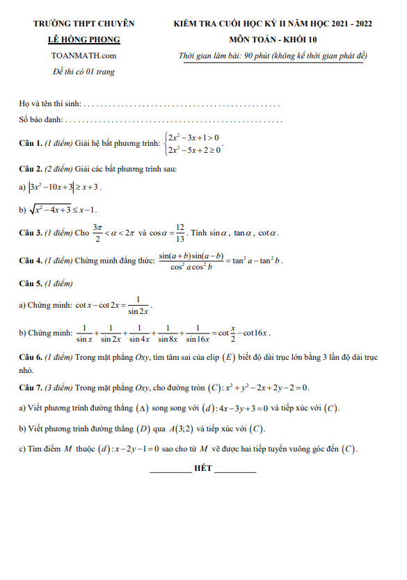 đề cuối kỳ 2 toán 10 năm 2021 – 2022 trường chuyên lê hồng phong – tp hcm