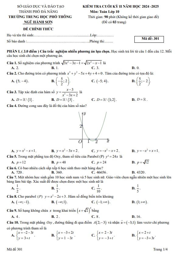 đề cuối kỳ 2 toán 10 năm 2024 – 2025 trường thpt ngũ hành sơn – đà nẵng