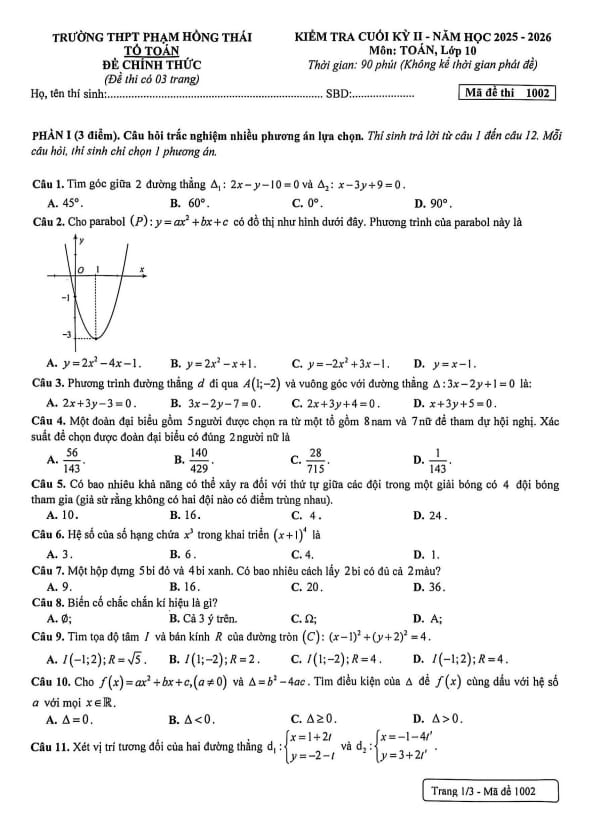 đề cuối kỳ 2 toán 10 năm 2025 – 2026 trường thpt phạm hồng thái – hà nội