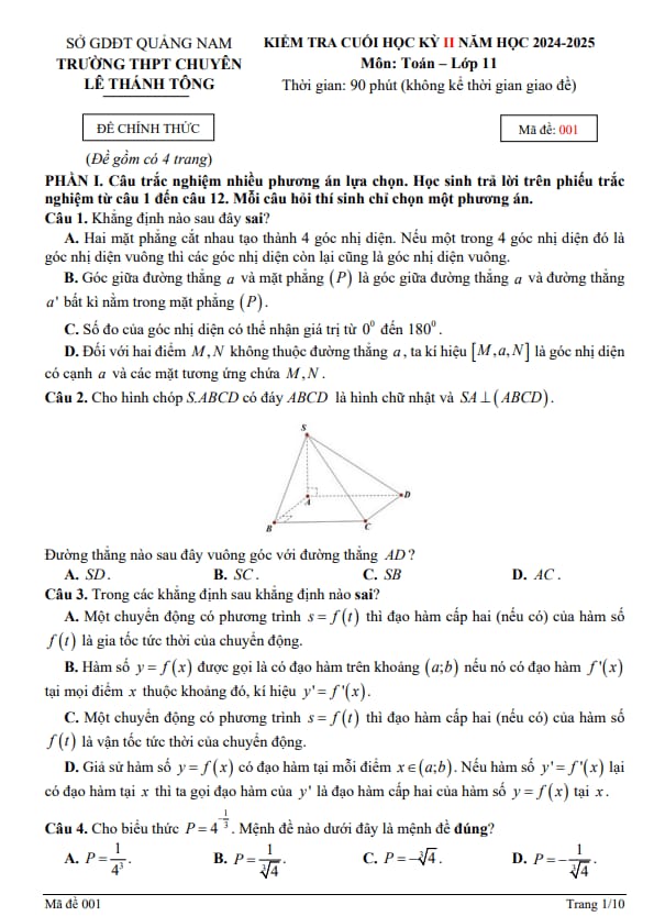 đề cuối kỳ 2 toán 11 năm 2024 – 2025 trường chuyên lê thánh tông – quảng nam