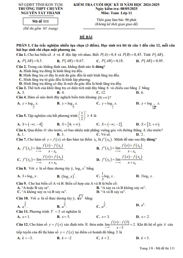 đề cuối kỳ 2 toán 11 năm 2024 – 2025 trường chuyên nguyễn tất thành – kon tum