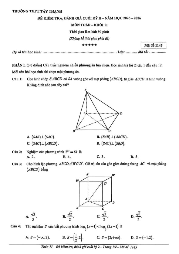 đề cuối kỳ 2 toán 11 năm 2025 – 2026 trường thpt tây thạnh – tp hcm
