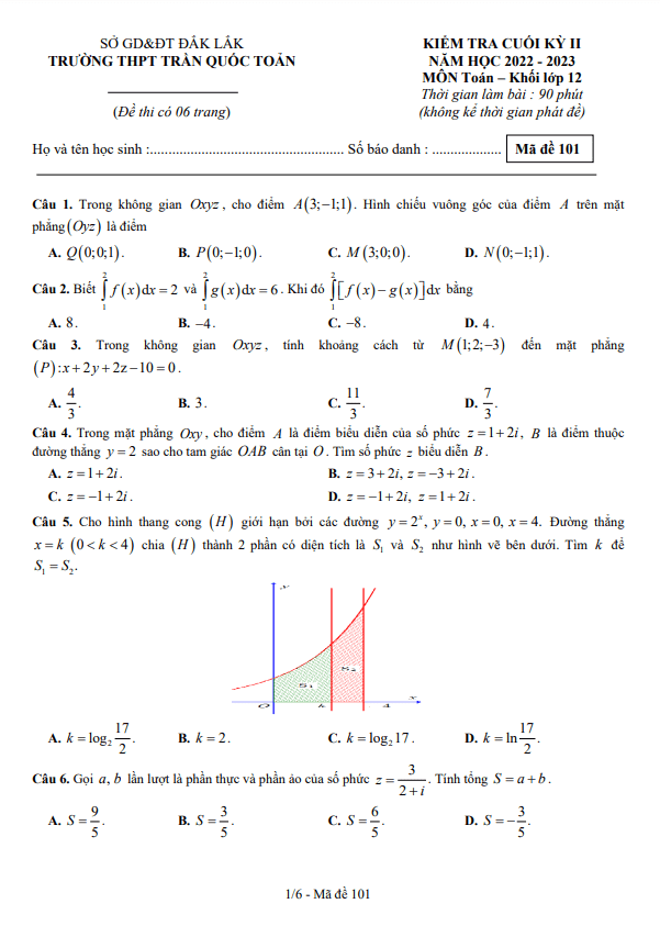 đề cuối kỳ 2 toán 12 năm 2022 – 2023 trường thpt trần quốc toản – đắk lắk