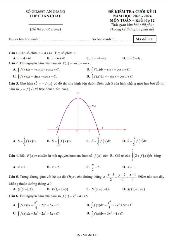 đề cuối kỳ 2 toán 12 năm 2023 – 2024 trường thpt tân châu – an giang