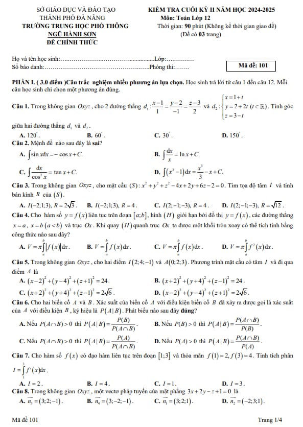 đề cuối kỳ 2 toán 12 năm 2024 – 2025 trường thpt ngũ hành sơn – đà nẵng