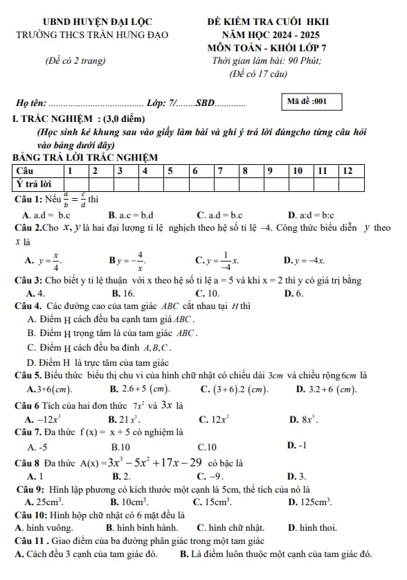 đề cuối kỳ 2 toán 7 năm 2024 – 2025 trường thcs trần hưng đạo – quảng nam