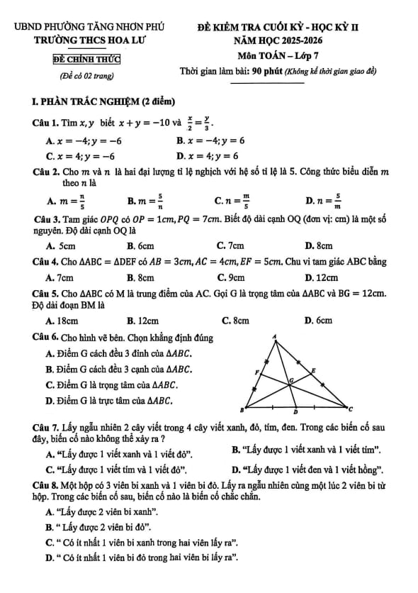 đề cuối kỳ 2 toán 7 năm 2025 – 2026 trường thcs hoa lư – tp hcm