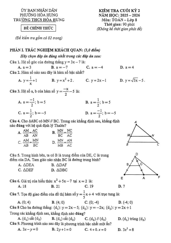 đề cuối kỳ 2 toán 8 năm 2025 – 2026 trường thcs hòa hưng – tp hcm