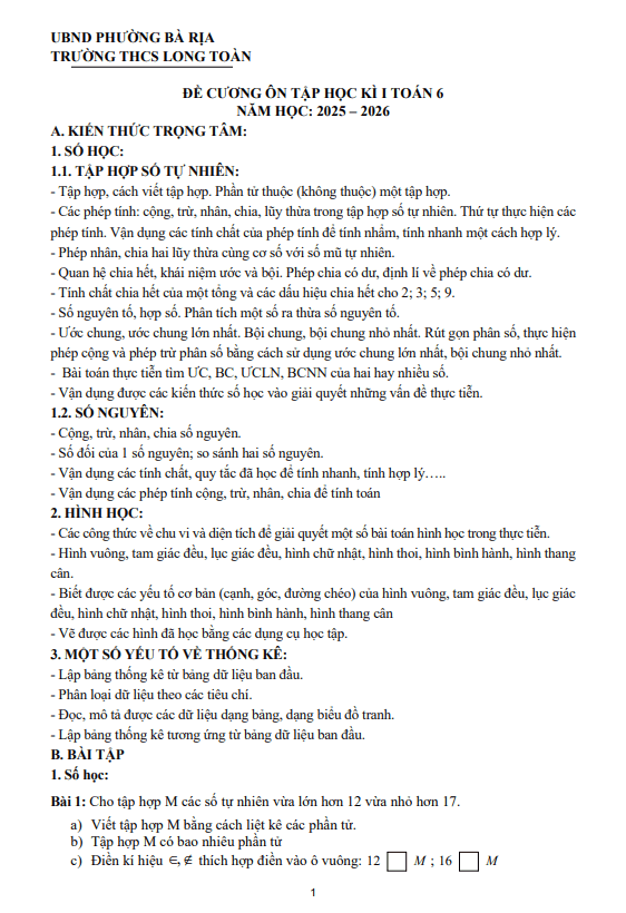 đề cương cuối học kì 1 toán 6 năm 2025 – 2026 trường thcs long toàn – tp hcm