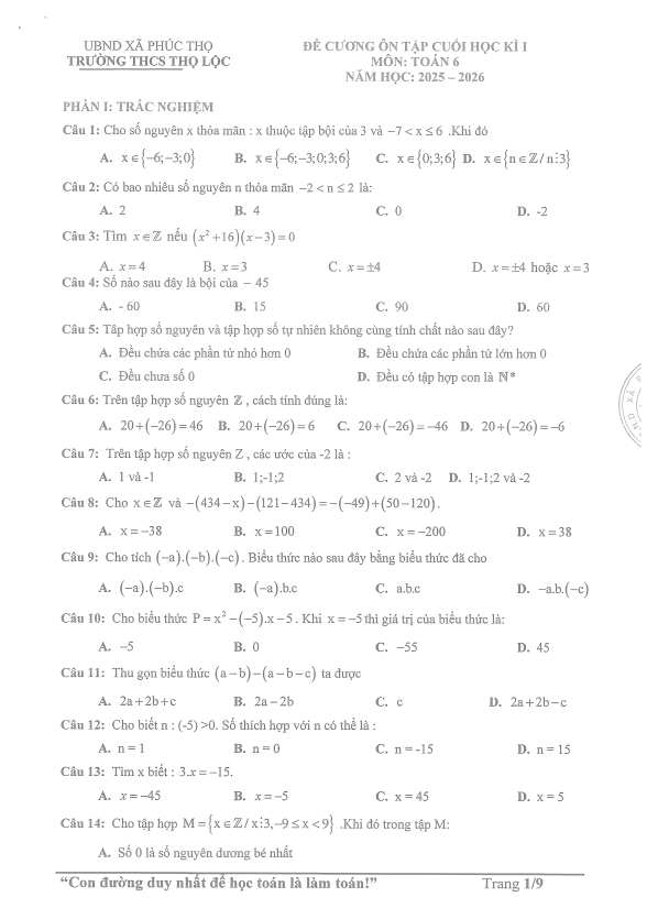 đề cương cuối học kì 1 toán 6 năm 2025 – 2026 trường thcs thọ lộc – hà nội