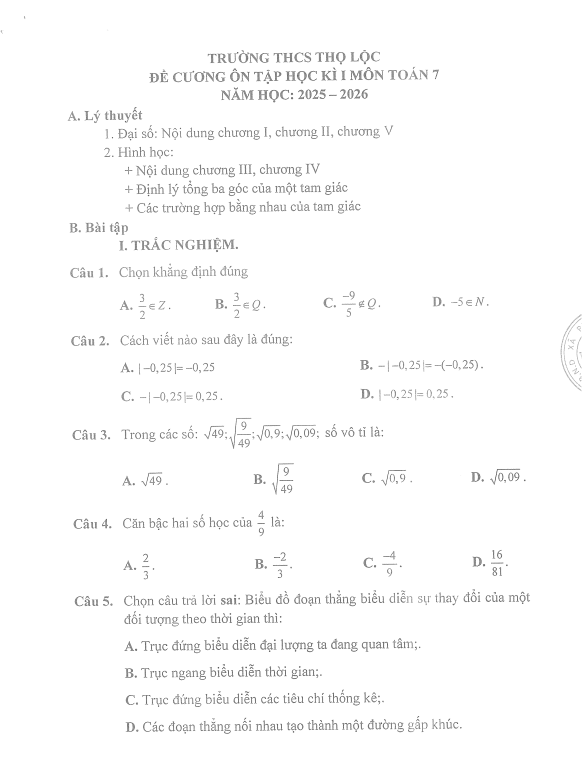 đề cương cuối học kì 1 toán 7 năm 2025 – 2026 trường thcs thọ lộc – hà nội