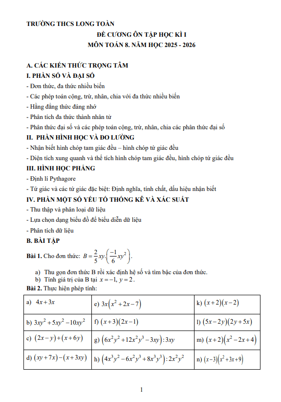 đề cương cuối học kì 1 toán 8 năm 2025 – 2026 trường thcs long toàn – tp hcm