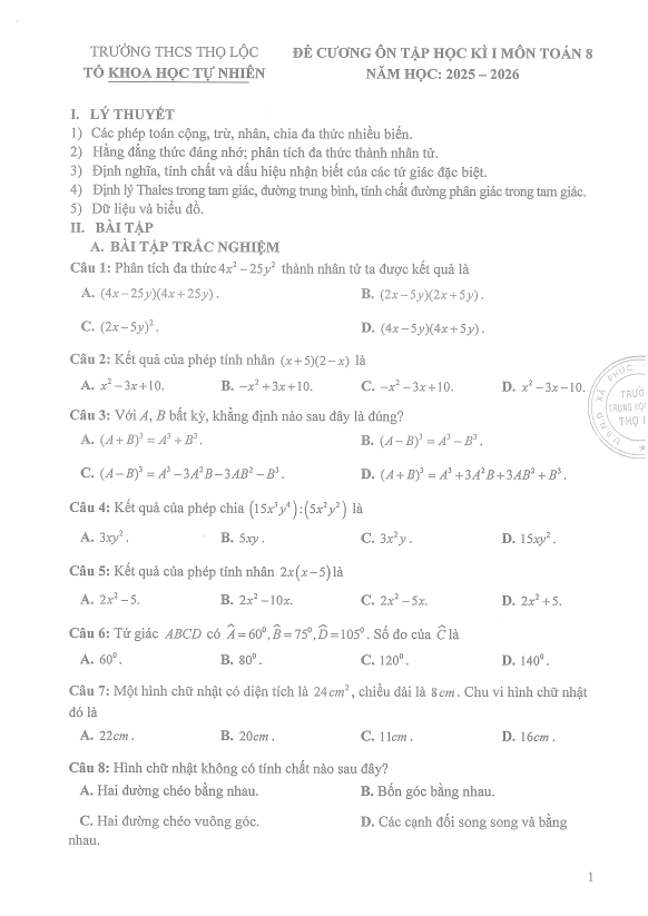 đề cương cuối học kì 1 toán 8 năm 2025 – 2026 trường thcs thọ lộc – hà nội