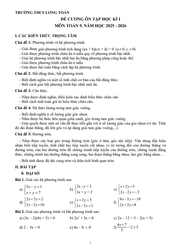 đề cương cuối học kì 1 toán 9 năm 2025 – 2026 trường thcs long toàn – tp hcm