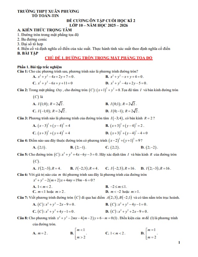 đề cương cuối học kì 2 toán 10 năm 2025 – 2026 trường thpt xuân phương – hà nội