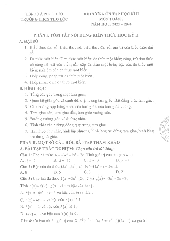 đề cương cuối học kì 2 toán 7 năm 2025 – 2026 trường thcs thọ lộc – hà nội