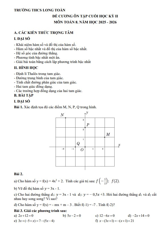 đề cương cuối học kì 2 toán 8 năm 2025 – 2026 trường thcs long toàn – tp hcm