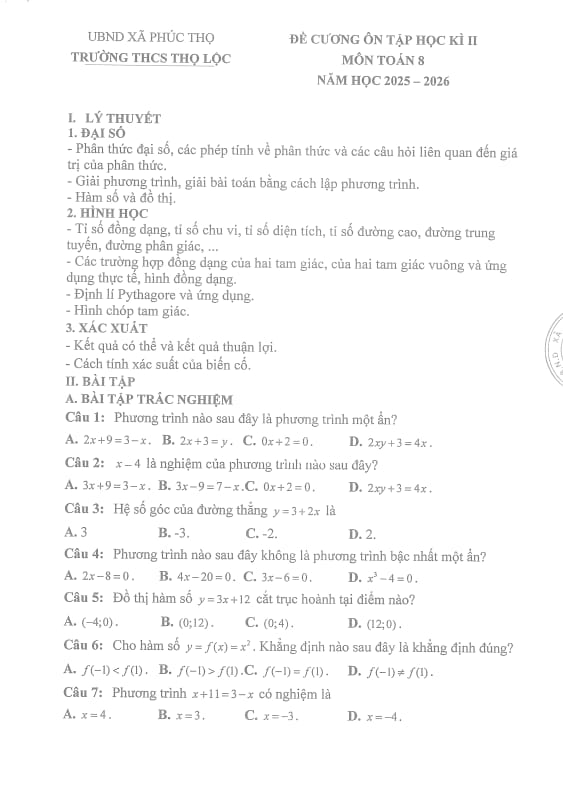 đề cương cuối học kì 2 toán 8 năm 2025 – 2026 trường thcs thọ lộc – hà nội