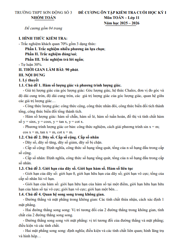 đề cương cuối học kỳ 1 toán 11 năm 2025 – 2026 trường thpt sơn động 3 – bắc ninh