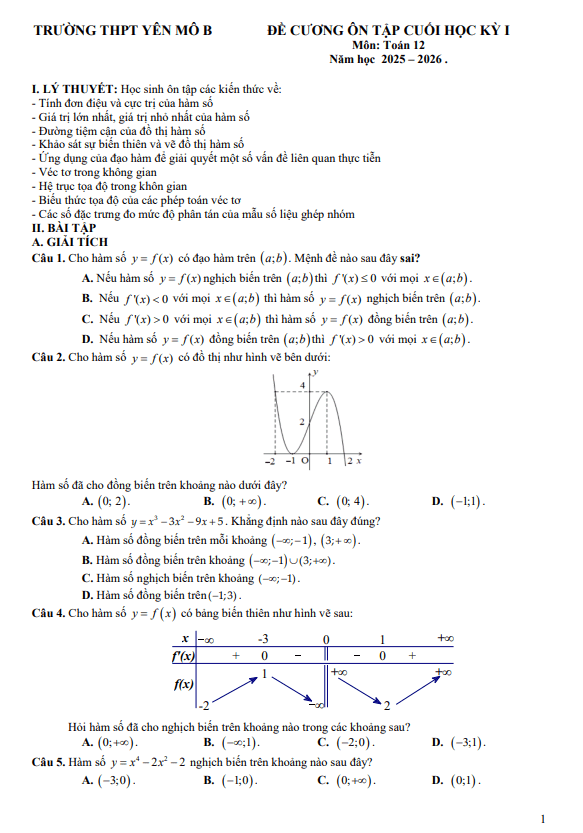 đề cương cuối học kỳ 1 toán 12 năm 2025 – 2026 trường thpt yên mô b – ninh bình