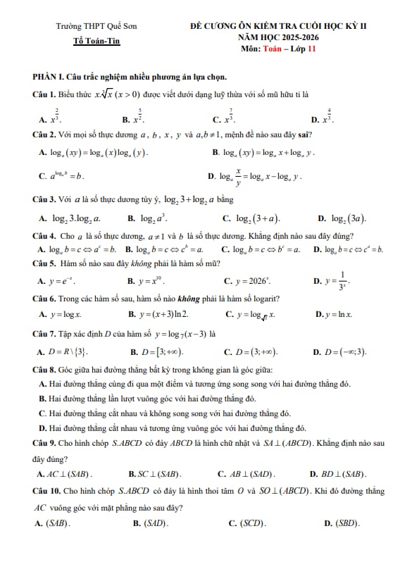 đề cương cuối học kỳ 2 toán 11 năm 2025 – 2026 trường thpt quế sơn – đà nẵng