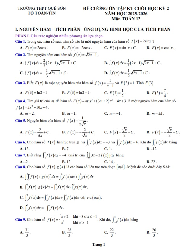 đề cương cuối học kỳ 2 toán 12 năm 2025 – 2026 trường thpt quế sơn – đà nẵng