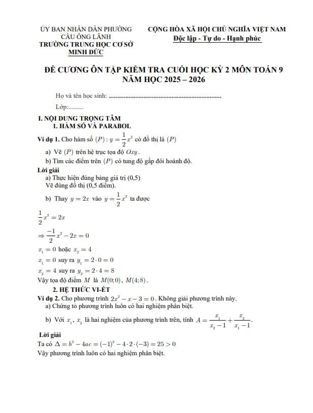 đề cương cuối học kỳ 2 toán 9 năm 2025 – 2026 trường thcs minh đức – tp hcm