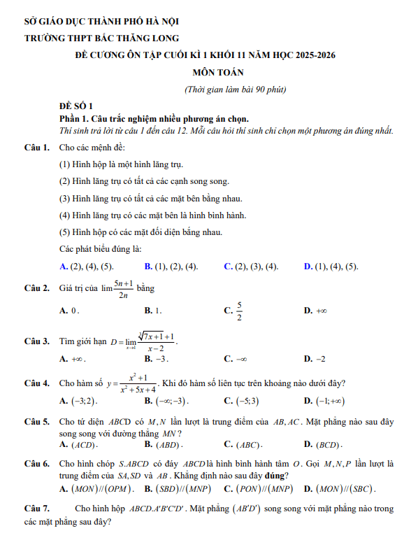 đề cương cuối kì 1 toán 11 năm 2025 – 2026 trường thpt bắc thăng long – hà nội