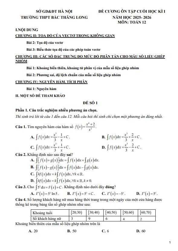 đề cương cuối kì 1 toán 12 năm 2025 – 2026 trường thpt bắc thăng long – hà nội