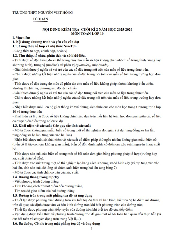 đề cương cuối kì 2 toán 10 năm 2025 – 2026 trường thpt nguyễn việt hồng – cần thơ