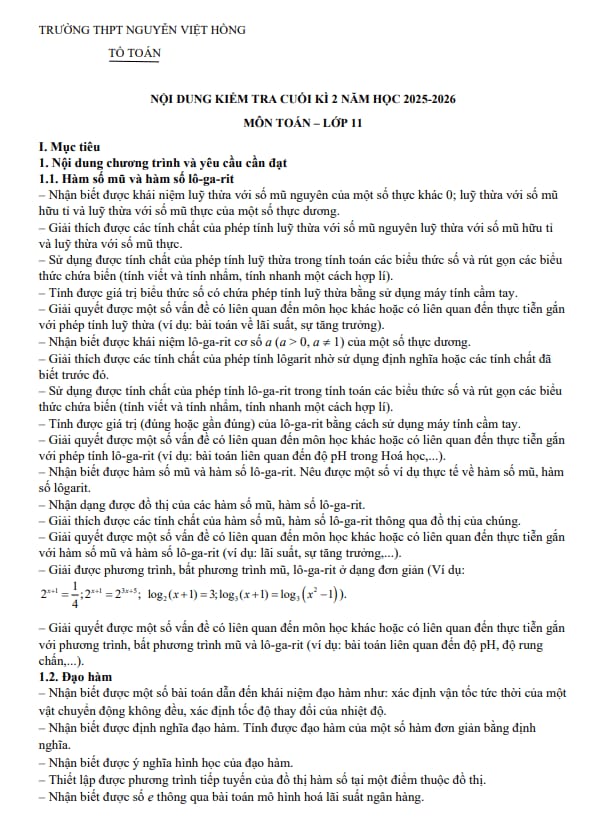 đề cương cuối kì 2 toán 11 năm 2025 – 2026 trường thpt nguyễn việt hồng – cần thơ