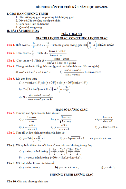 đề cương cuối kỳ 1 toán 11 năm 2025 – 2026 trường thpt gia bình 1 – bắc ninh