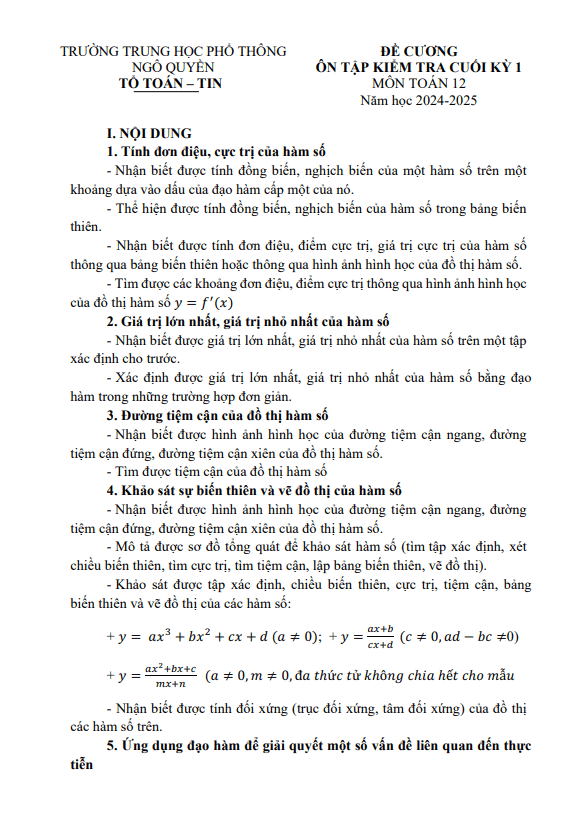 đề cương cuối kỳ 1 toán 12 năm 2024 – 2025 trường thpt ngô quyền – đà nẵng