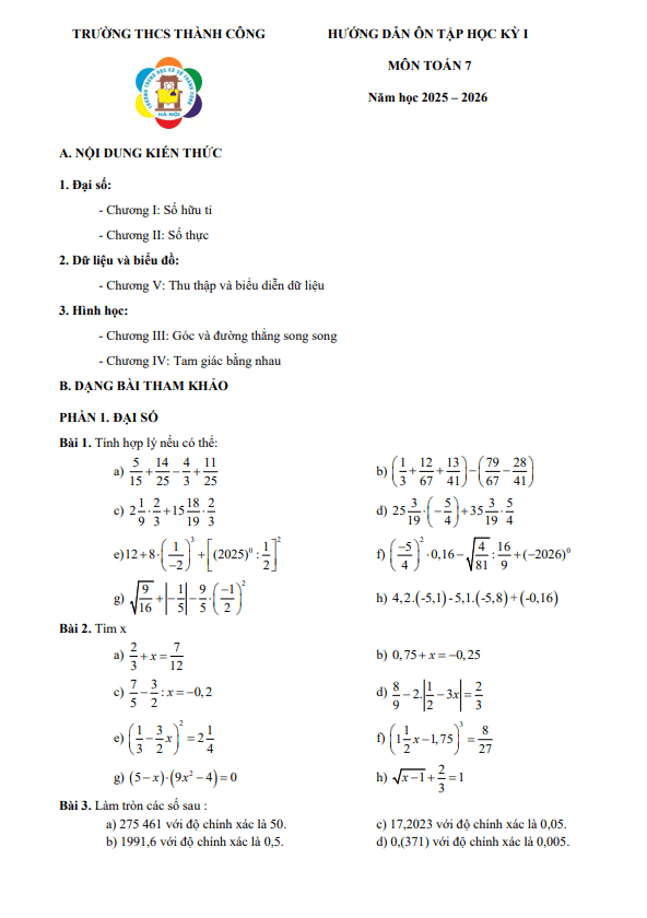 đề cương cuối kỳ 1 toán 7 năm 2025 – 2026 trường thcs thành công – hà nội