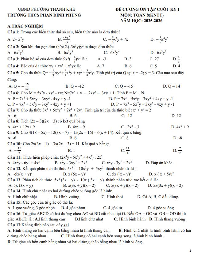 đề cương cuối kỳ 1 toán 8 năm 2025 – 2026 trường thcs phan đình phùng – đà nẵng