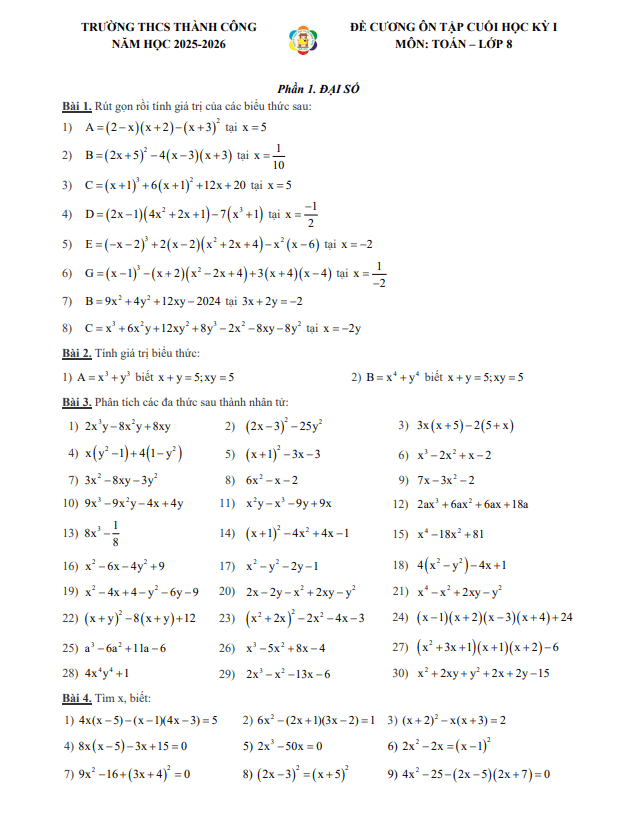 đề cương cuối kỳ 1 toán 8 năm 2025 – 2026 trường thcs thành công – hà nội
