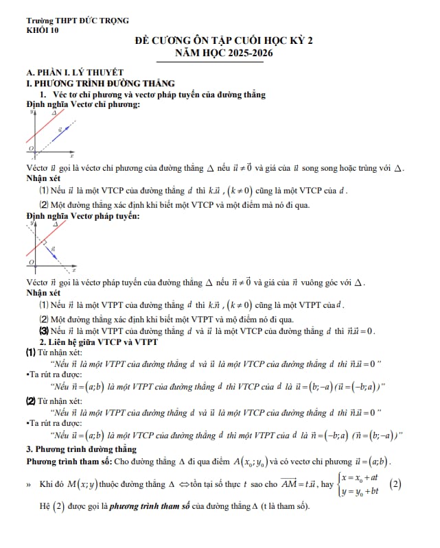 đề cương cuối kỳ 2 toán 10 năm 2025 – 2026 trường thpt đức trọng – lâm đồng
